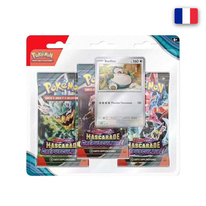 TRIPACK 3 BOOSTERS MASCARADE CRÉPUSCULAIRE EV06 + CARTE PROMO RONFLEX — POKÉMON (FR)