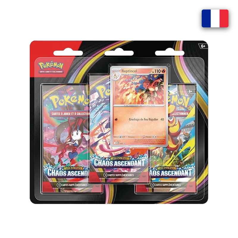 TRIPACK 3 BOOSTERS CHAOS ASCENDANT ME04 + CARTE PROMO REPTINCEL — POKÉMON (FR)