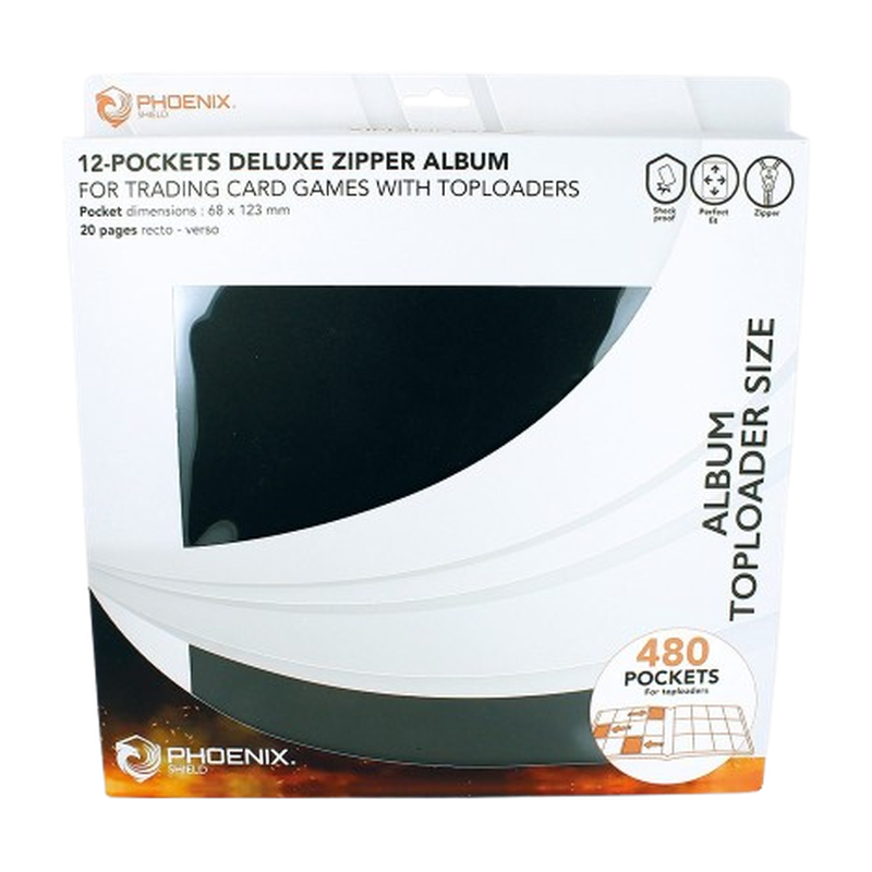 CLASSEUR TOPLOADERS ZIP DELUXE FORMAT LONG 12 POCHES 480 CARTES NOIR — PHOENIX SHIELD