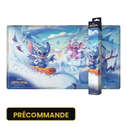 Playmat Disney Lorcana Chapitre 14 Hyperia City : Stitch et Angel en snowboard dans un décor enneigé