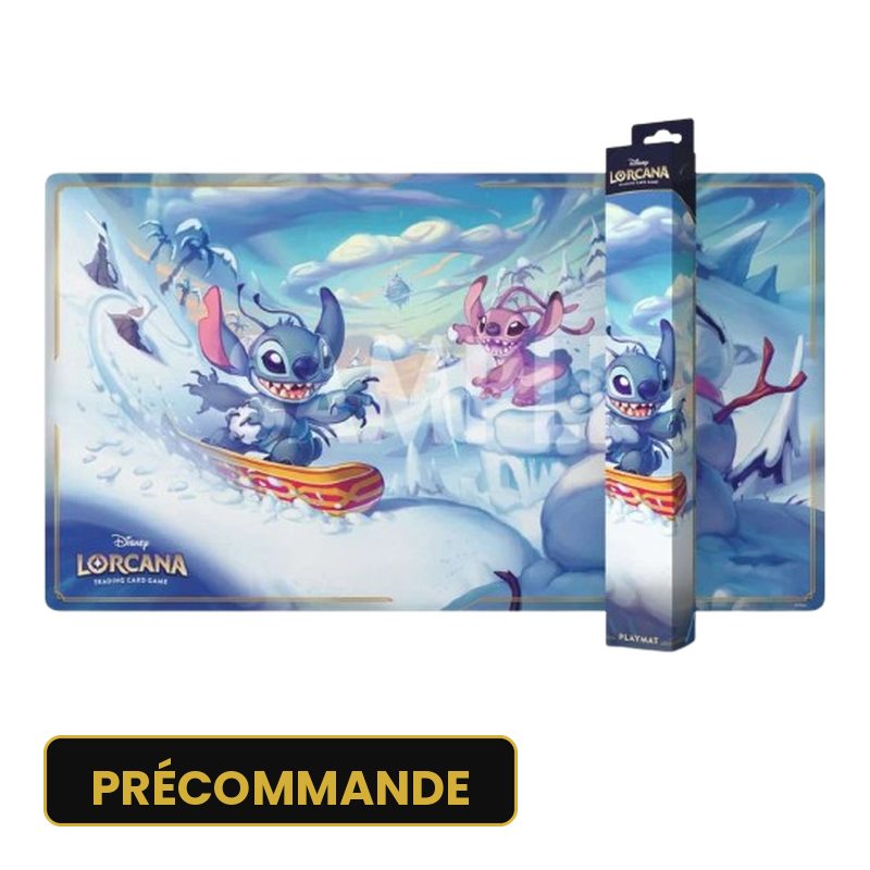 Playmat Disney Lorcana Chapitre 14 Hyperia City : Stitch et Angel en snowboard dans un décor enneigé