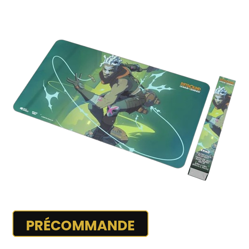 Playmat Riftbound League of Legends Radiance : Ekko en pleine action sur fond vert, avec son étui illustré